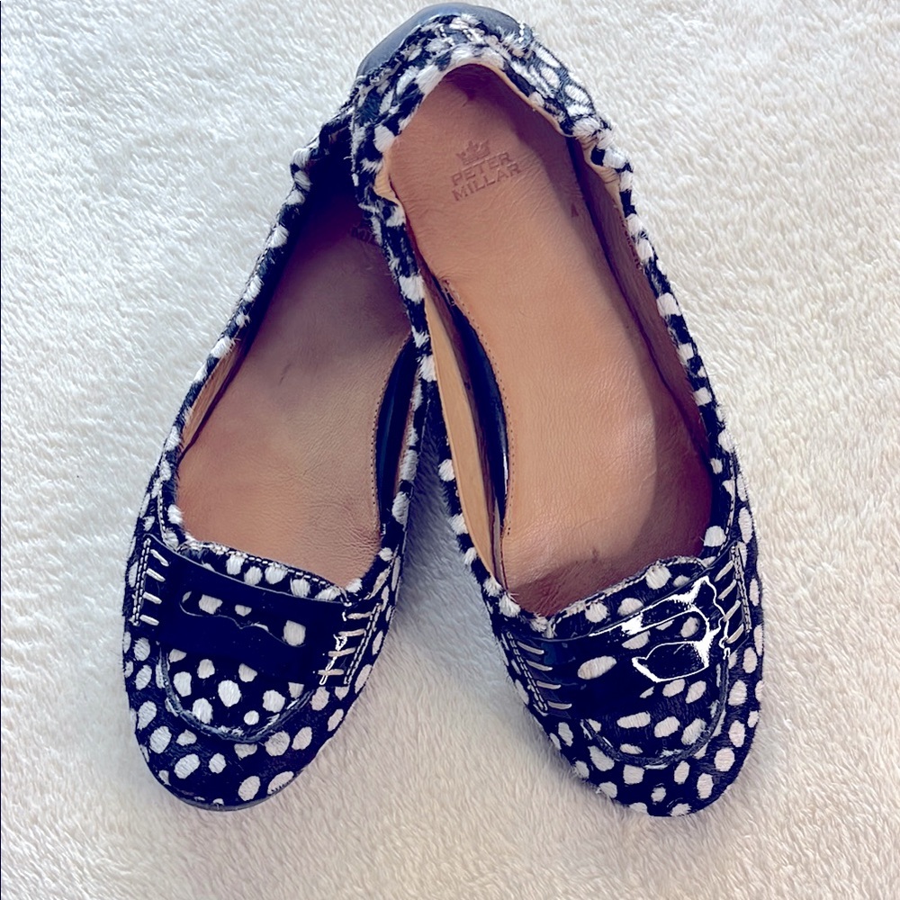 Peter Millar womens penny loafers, cowhide polka dot with patent leather trim 7M